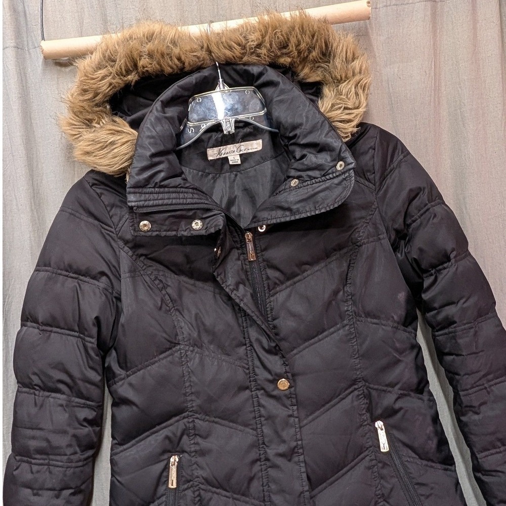 Kenneth Cole New York Black Down Puffer Jacket Faux Fur Hood Small RN 54163